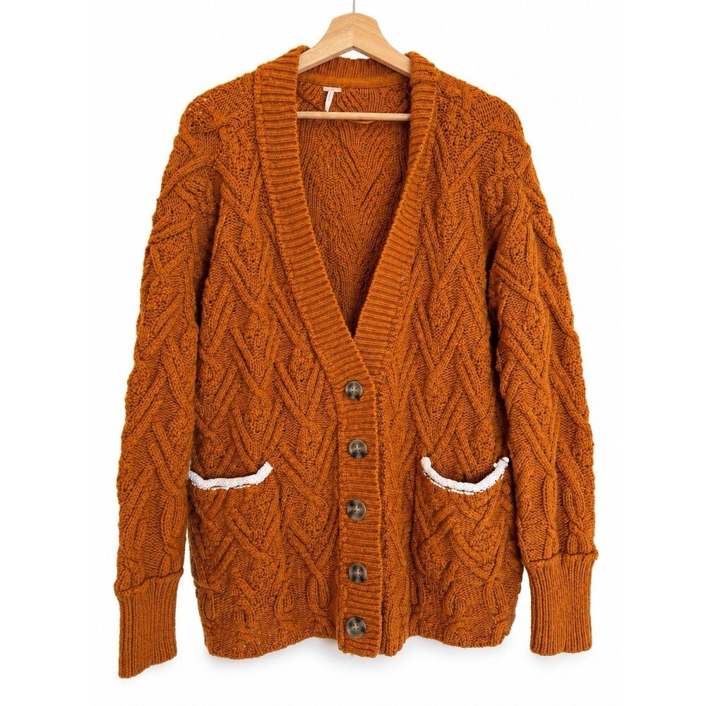Free People Chunky Cable Knit Cardigan Sweater Rust
